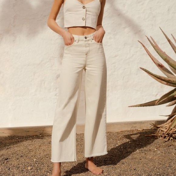 cream wide leg cropped jeans